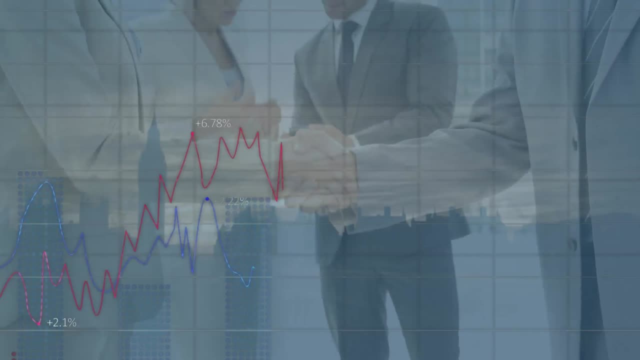 animación de líneas, estadísticas y procesamiento de datos sobre el paisaje urbano y la gente de negocios.