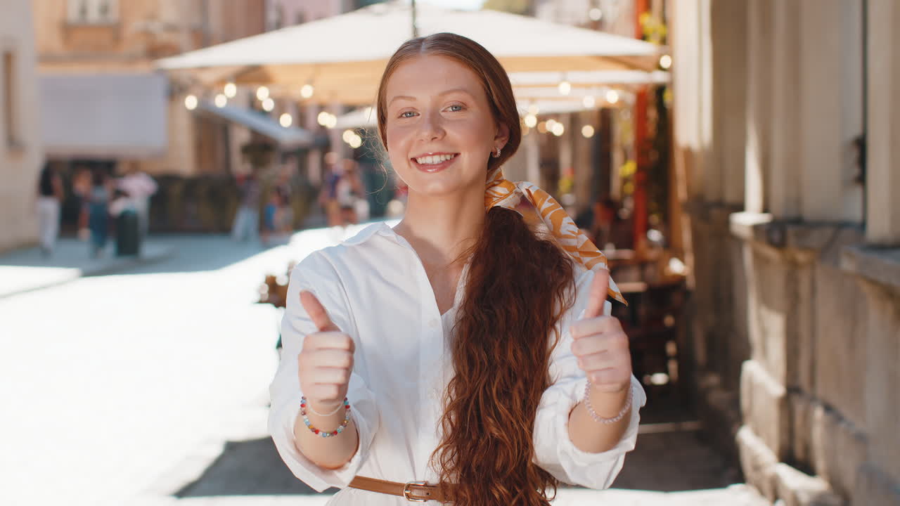Happy girl showing thumbs up like sign positive something good positive feedback in city street