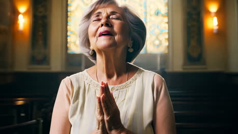 elderly woman praying in a historic church with candlelit ambiance