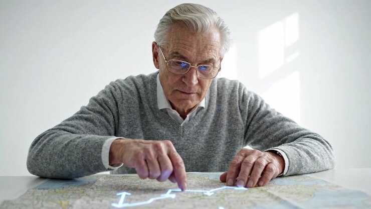 Un uomo anziano che analizza una mappa con concentrazione, evidenziando percorsi di viaggio e destinazioni con attenta cura, riflettendo sul suo viaggio e sulla sua esplorazione.