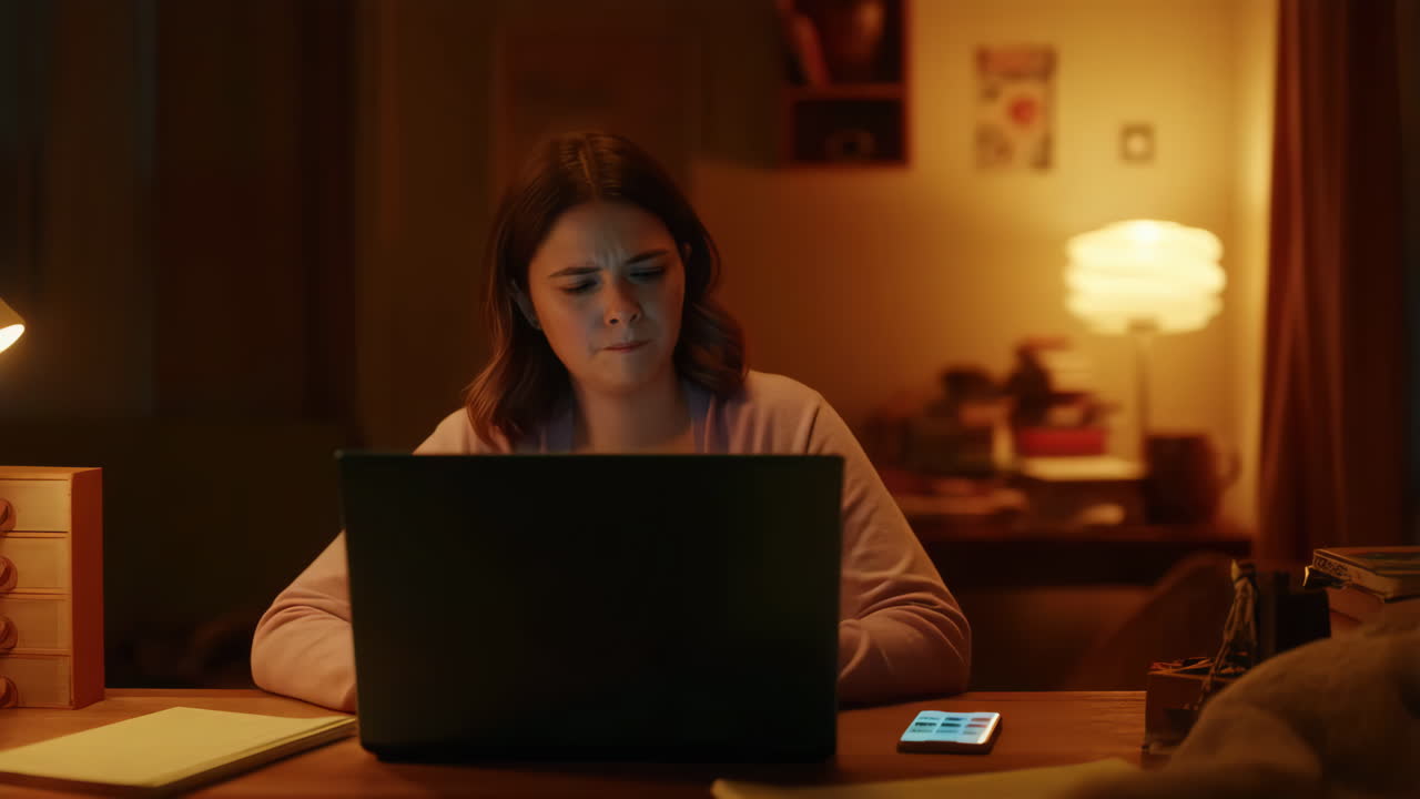 Young woman looking at her phone with a frustrated or confused expression