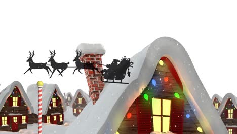 Santa-claus-in-sleigh-being-pulled-by-reindeers-against-snow-falling-over-houses-on-winter-landscape