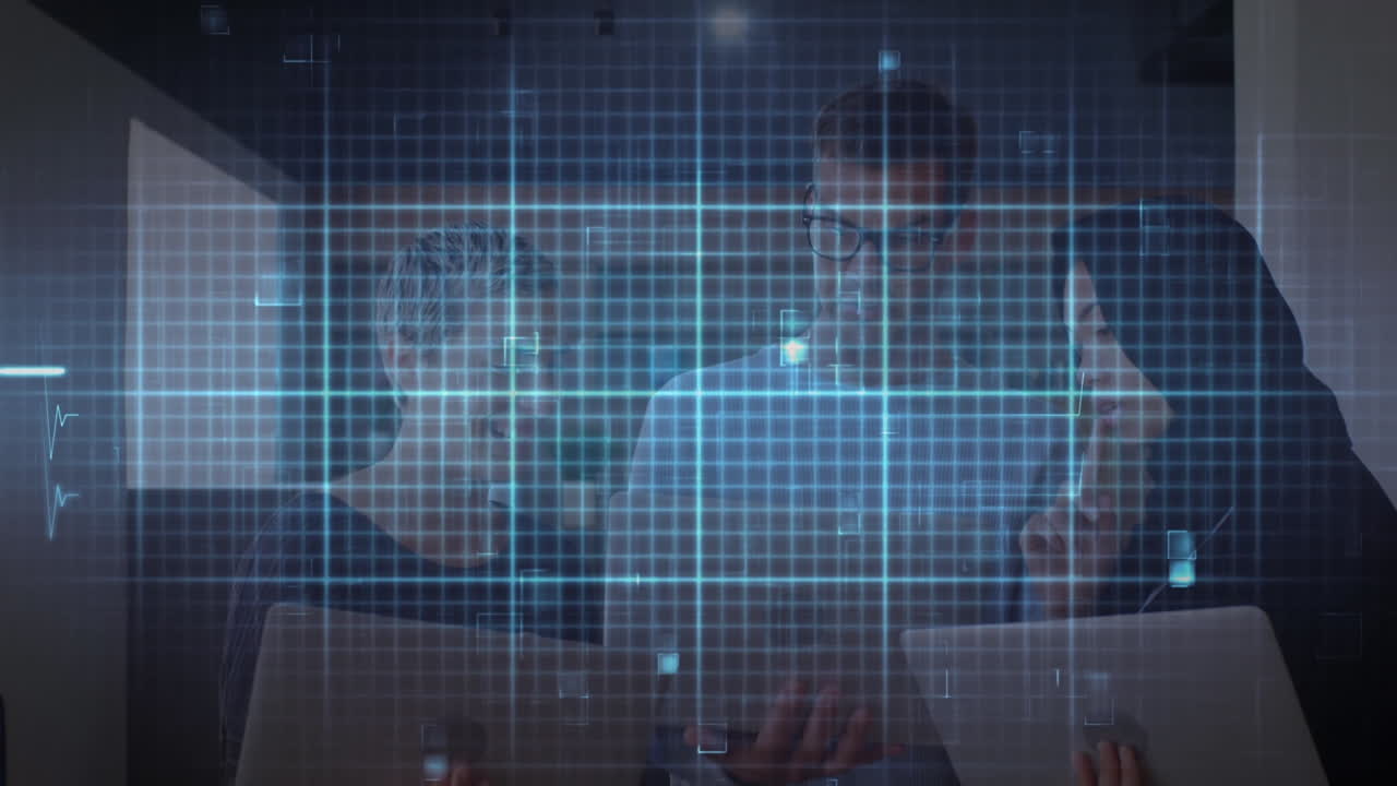 Animation of isoelectric line over diverse business people using laptop in office