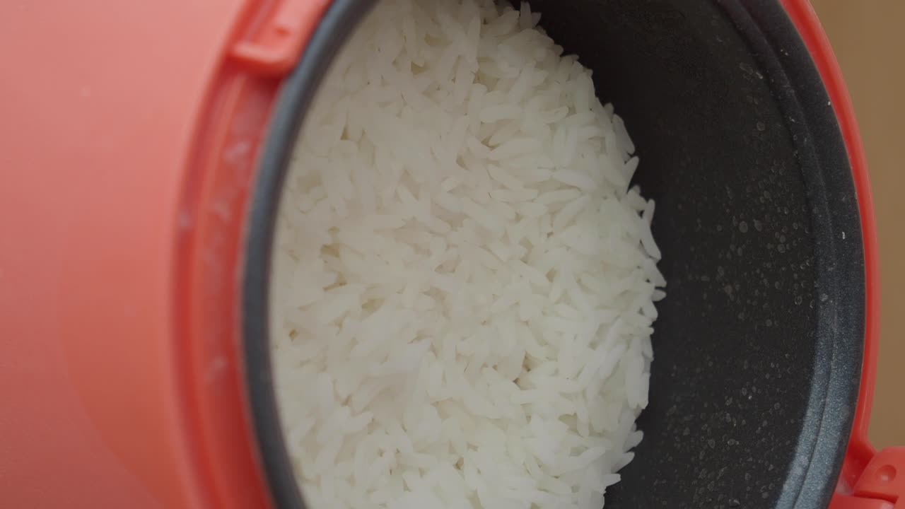 Close-up of Cooked Rice in Rice Cooker