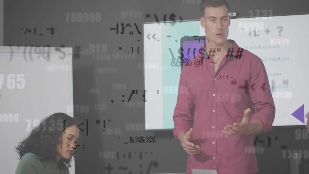 animación del procesamiento de datos sobre diversas personas de negocios que se reúnen en la oficina