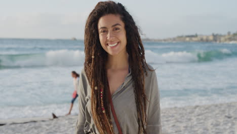 portrait of happy mixed race woman smiling happy enjoying summer vacation on beach cheerful female with dreadlocks hairstyle