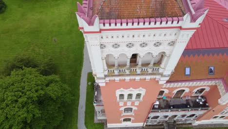 descending aerial at rotenturm castle bell tower, burgenland, austria