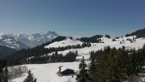 Drone-flying-over-green-pine-trees-and-revealing-a-beautiful-ski-resort