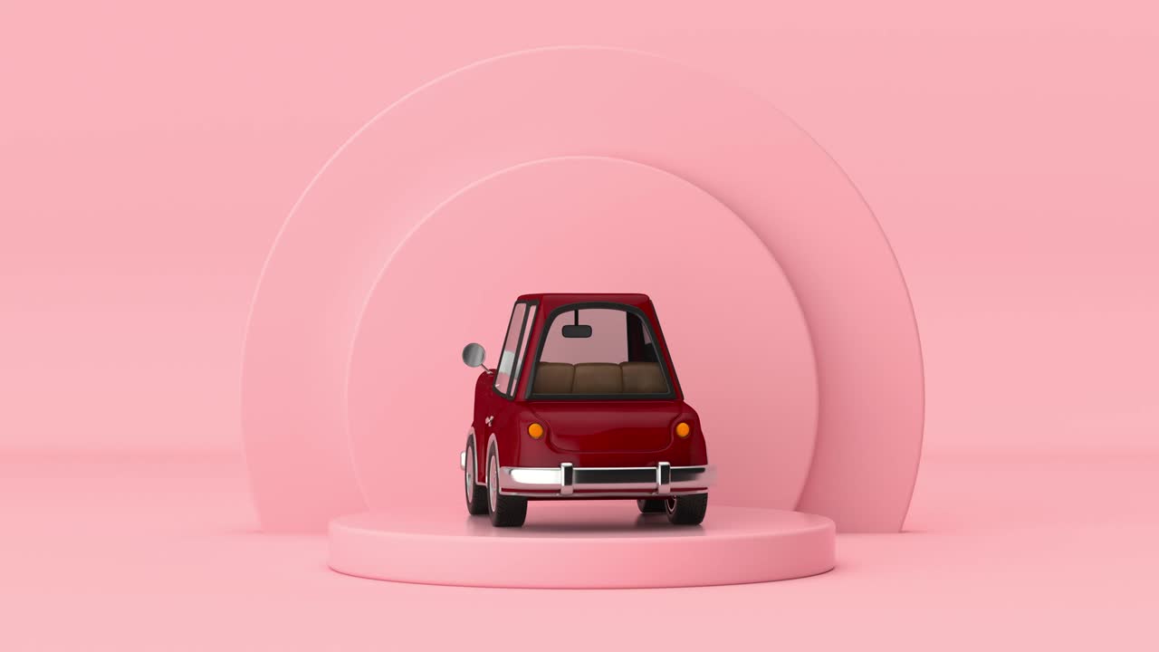 4k Resolution Video: Red Cartoon Car Rotating over Pink Cylinders Products Stage Pedestal on a pink background loop animation