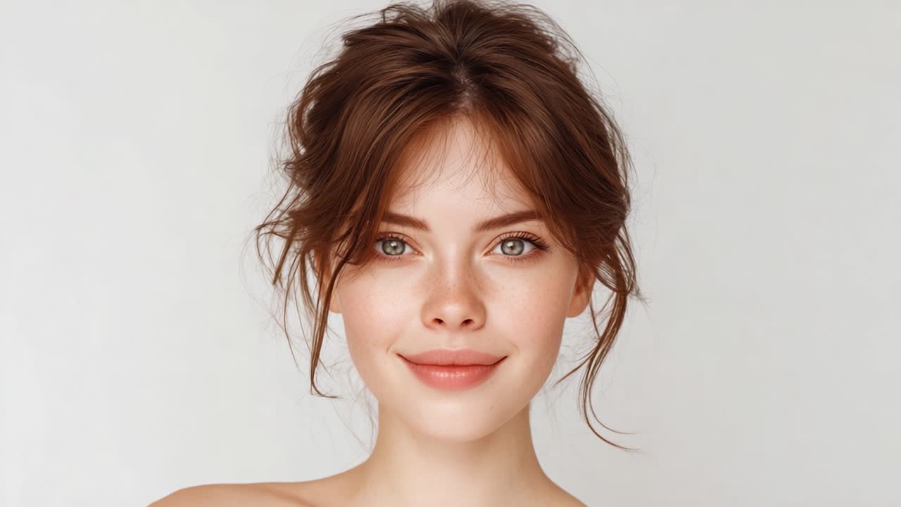 Ritratto Accattivante di una Giovane Donna con un Look Fresco e Naturale, Che Mostra una Pelle Radiosa e un Trucco Sottile per una Presenza Affascinante e Invitante