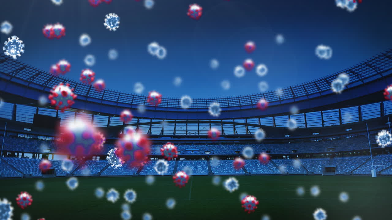 клетки ковид-19 против пустого спортивного стадиона