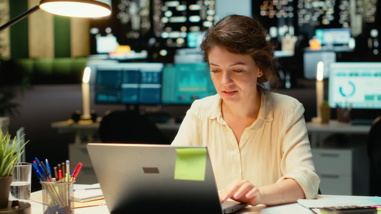 Vertical Video Tactical businesswoman getting a new clever idea at night time