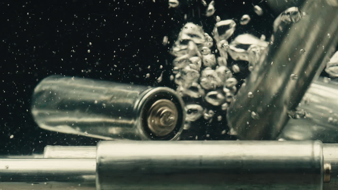 Silver batteries AA and AAA falling into water close-up. Double-A battery is a standard size single cell cylindrical dry battery. Batteries are common in portable electronic devices. Environmental impacts of lithium-ion batteries concept. An AA battery is composed of a single electrochemical cell th