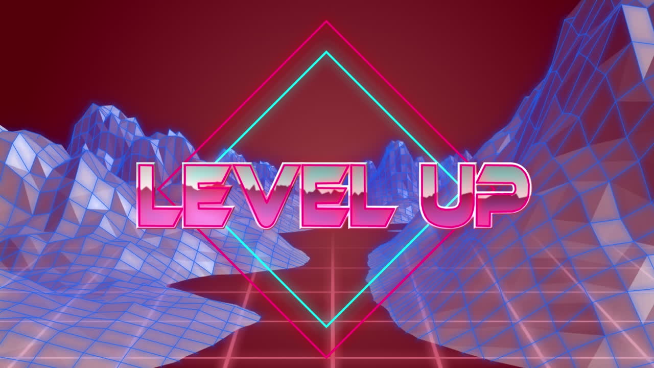 디지털 마운틴 위의 레벨 업 텍스트의 애니메이션