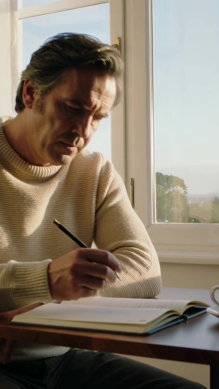 Middle-aged man leaning forward, taking notes with pen in open notebook at wooden table by window