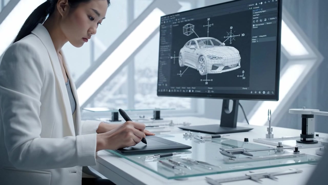 Una mujer concentrada diseña un concepto automotriz en un espacio de trabajo moderno, utilizando herramientas digitales para esbozar y desarrollar un coche elegante en la pantalla de su ordenador.