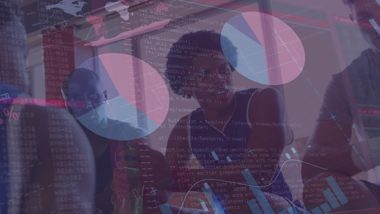 Animation of data processing over diverse sports people talking