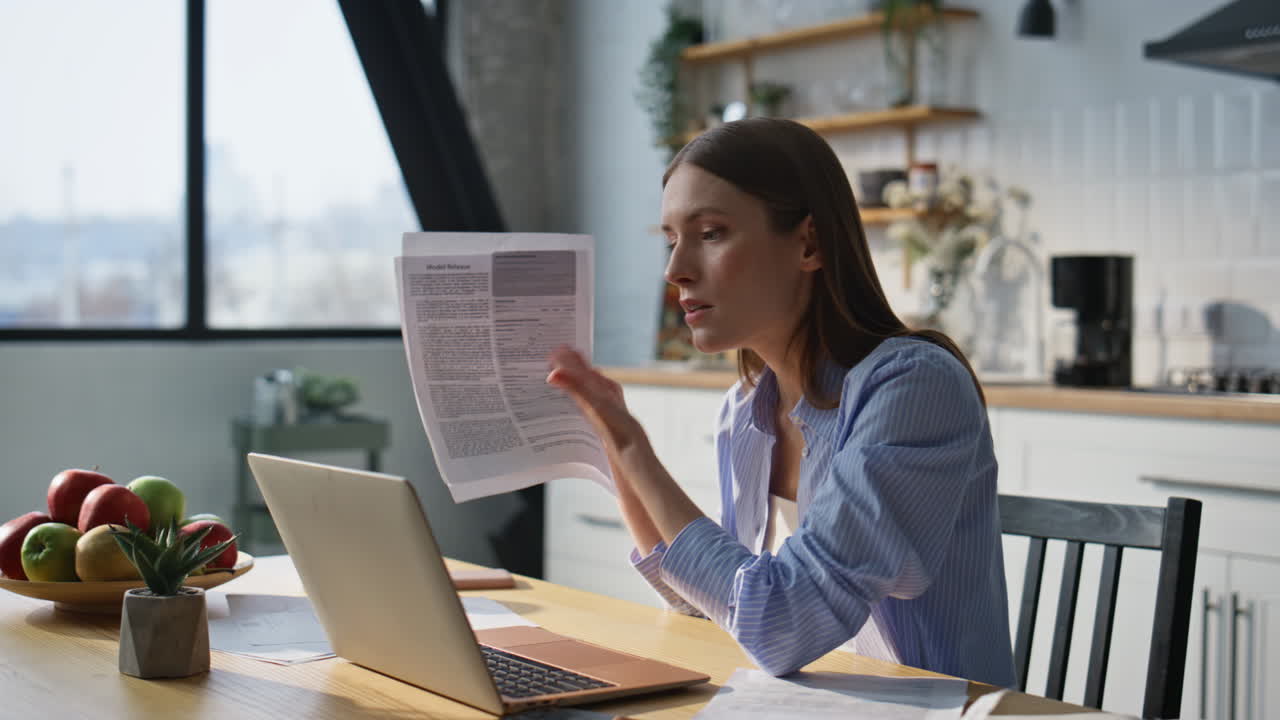 Woman boss arguing video meeting by laptop at home office closeup. Nervous lady