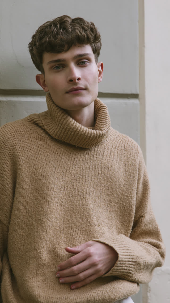 Man in beige sweater for sale week promotion