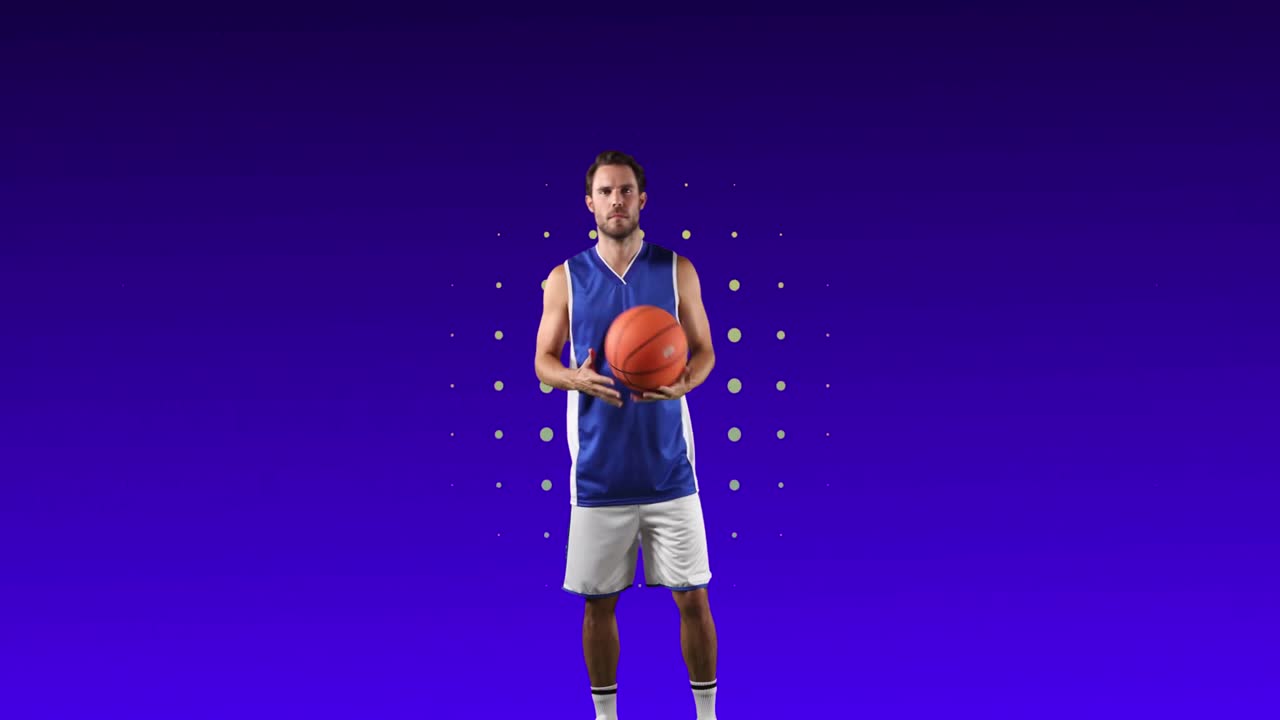 jugador de baloncesto masculino sobre filas de puntos azules y círculos