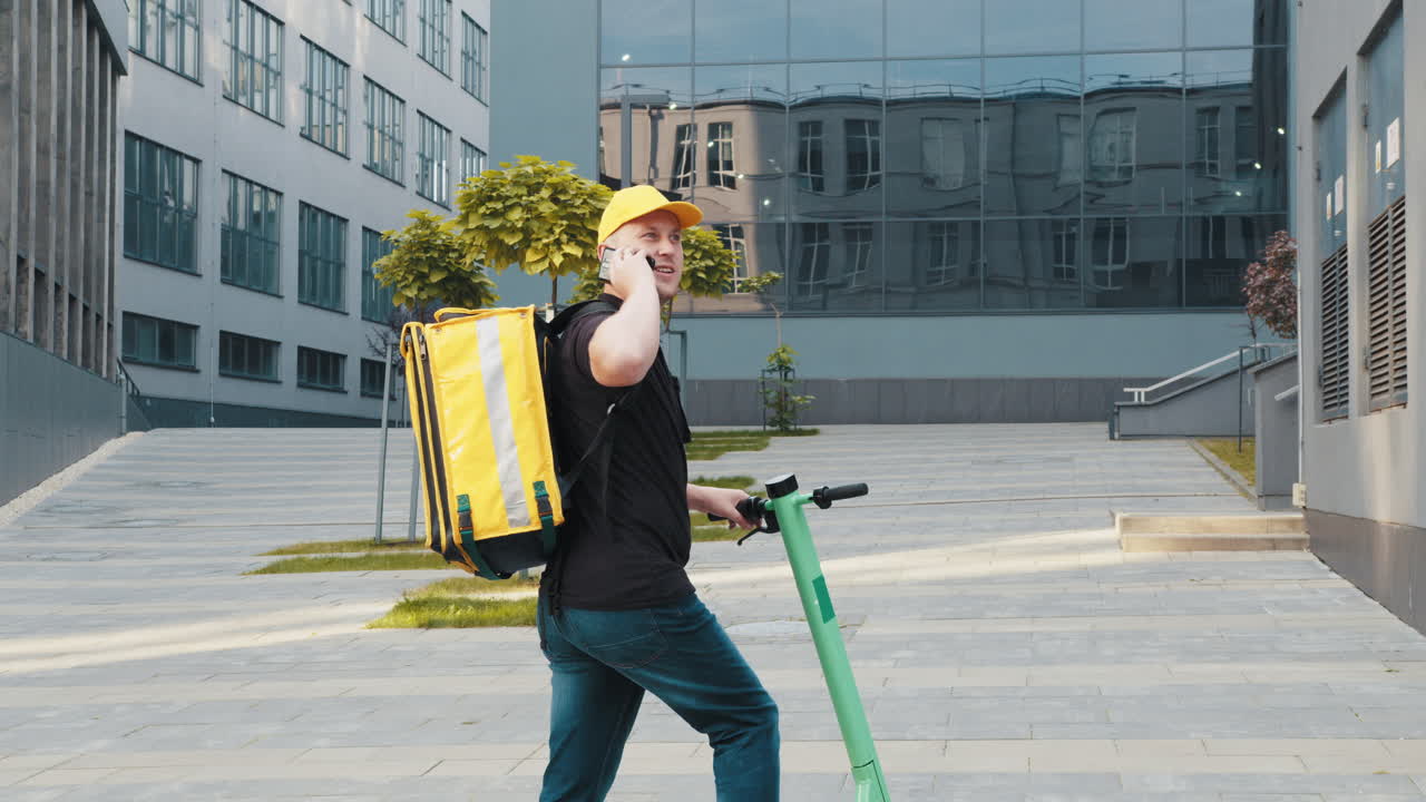 Food Delivery Person on Electric Scooter in City