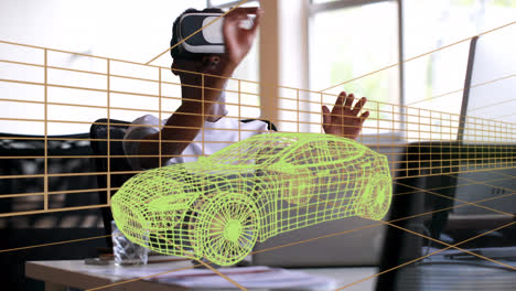 Animation-Einer-Digitalen-3D-Zeichnung-Eines-Autos-über-Einem-Mann-Mithilfe-Eines-VR-Headsets