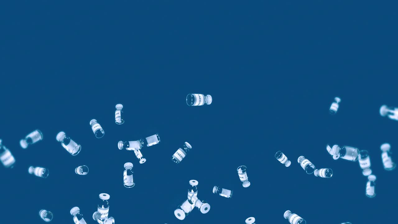 파란색 배경에 많은 백신 병을 날려. 의학 개념. 바이러스 치료. 투명한 액체. 백신의 3d 루프 애니메이션.