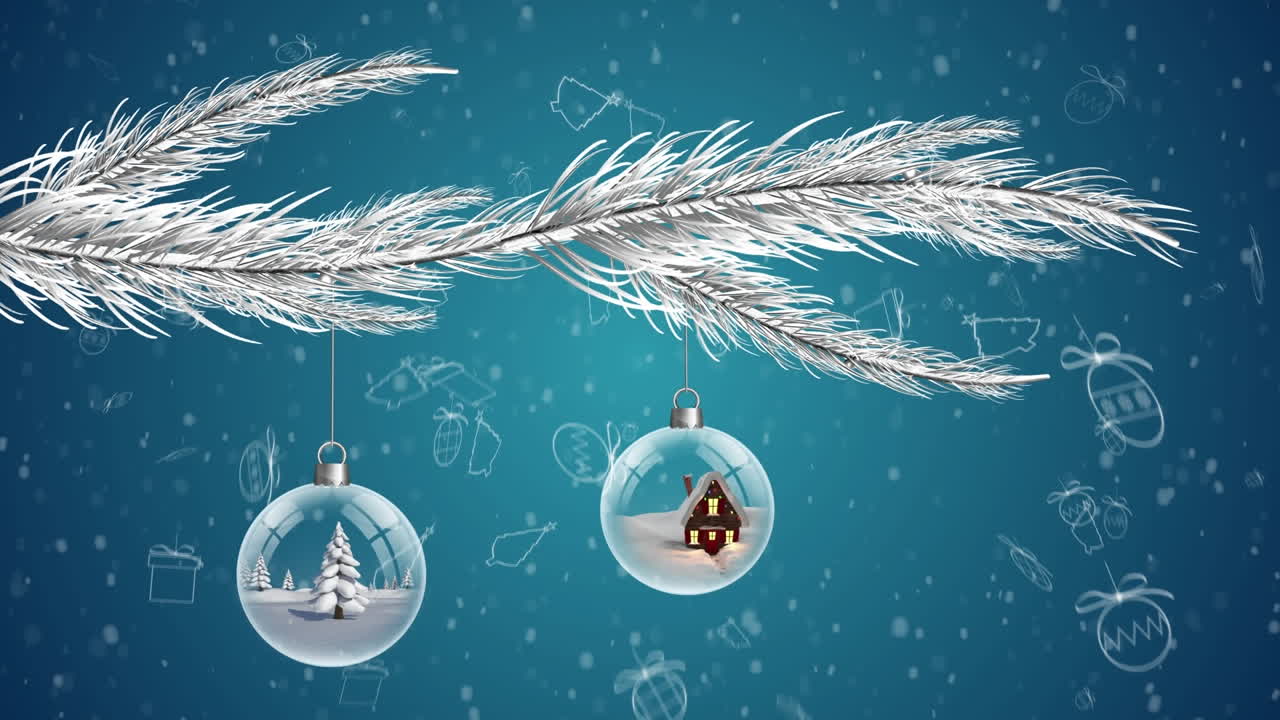 파란색 배경에 크리스마스 볼블 위에 떨어지는 크리스마스 상징의 애니메이션