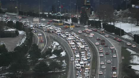 heavy traffic jam on a highway during winter