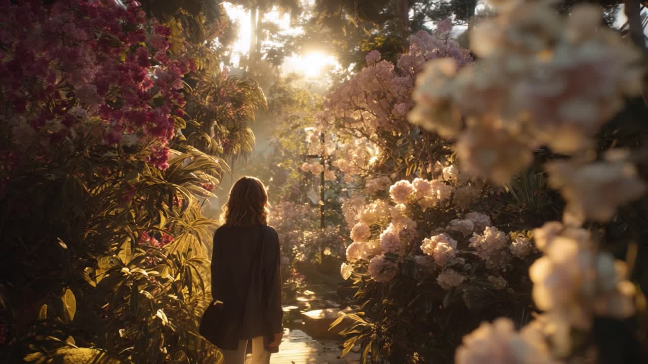A Serene Stroll Through a Lush Flower Garden at Sunrise with Vibrant Blooms Surrounding a Solitary Figure Lost in Reflection and Nature's Beauty
