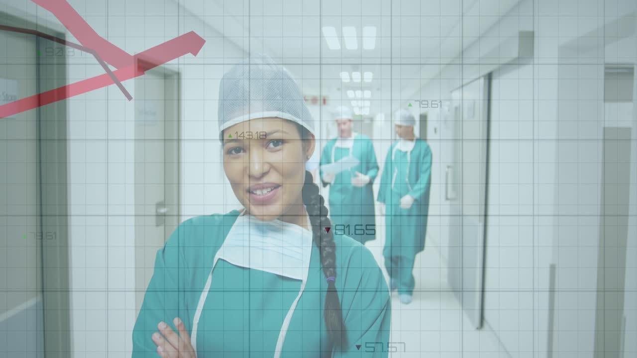 Animazione di elaborazione dati statistici su una chirurga sorridente in un corridoio d'ospedale