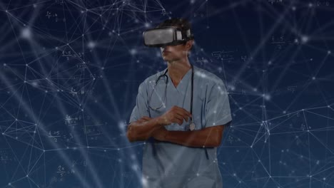 animación de una red de conexiones con puntos brillantes sobre un médico caucásico que usa auriculares vr