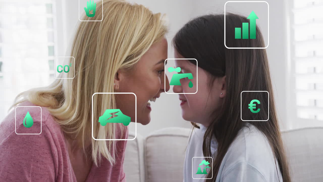 mother and daughter sitting on couch pressing heads showing eco finance icons, charts