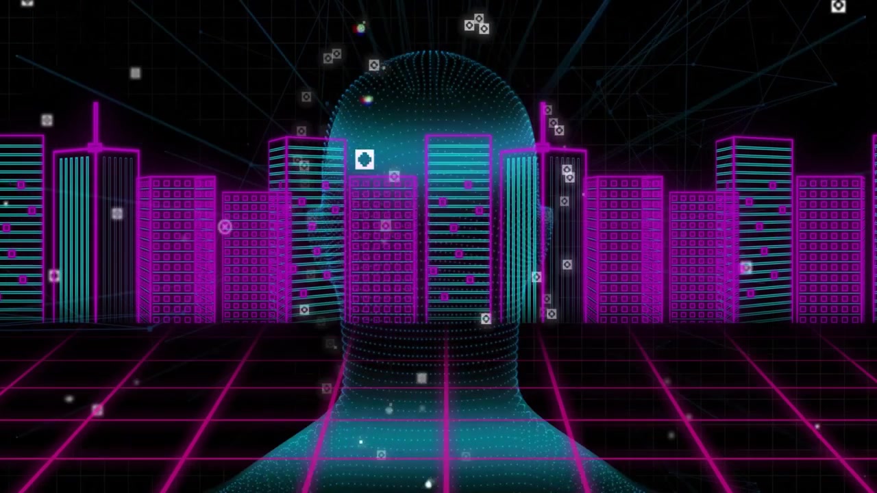 Engineer navigating neon technology grid, with dotted cyan head silhouette and floating data nodes