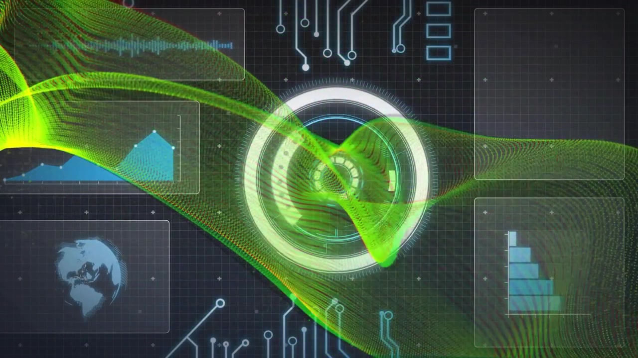 Neon-green ribbon entering from left undulating across grid, activating HUD and updating panels