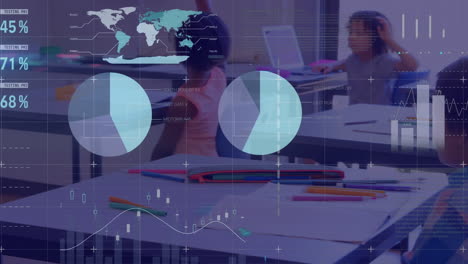 animation of data processing over diverse schoolchildren in classroom