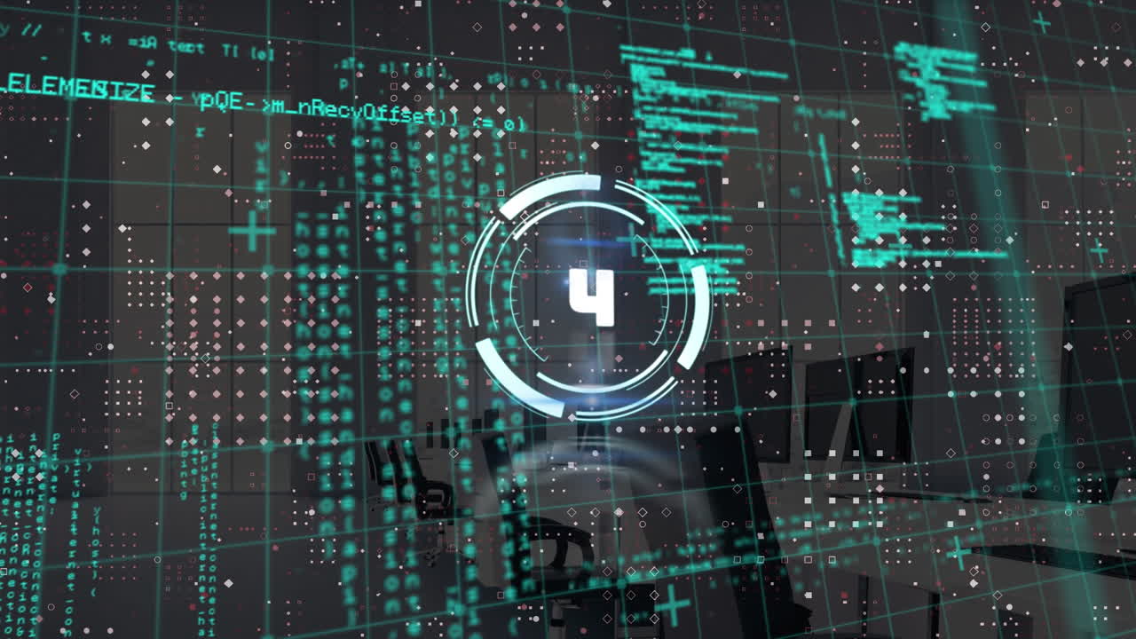 animación del procesamiento de datos y cuenta atrás en la oficina