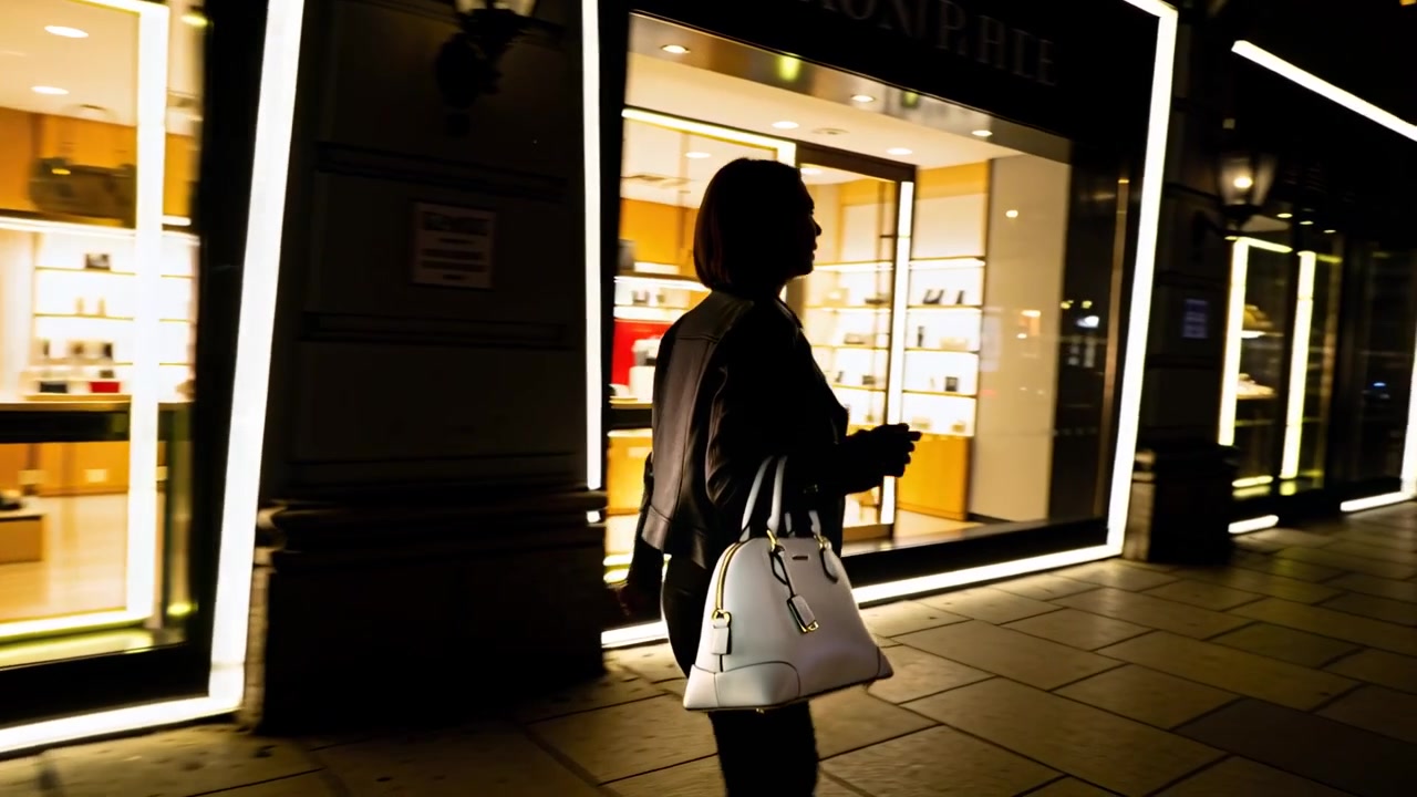 Donna adulta che entra camminando lungo un marciapiede cittadino di notte, tenendo un piccolo oggetto e una borsa bianca.