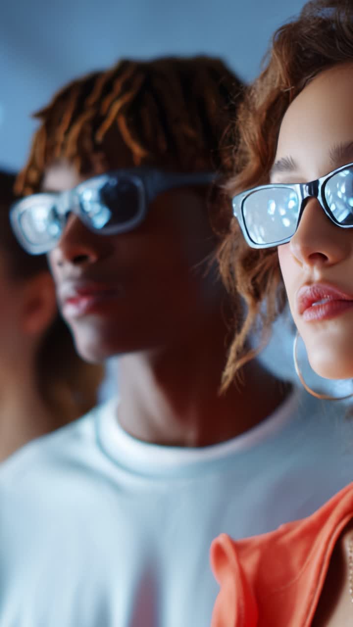 Una coppia dinamica di giovani che indossano occhiali da sole alla moda, incarnando un'estetica moderna, mostrando la loro sicurezza e le loro scelte di stile in un ambiente vivace