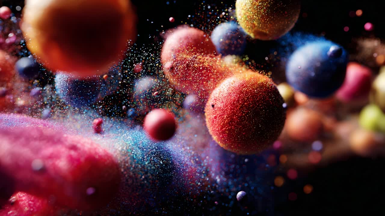 An Exquisite Display of Colorful Spheres and Sparkling Particles in Motion, Capturing the Essence of Vibrant Energy and Dynamic Movement in a Stunning Visual Experience
