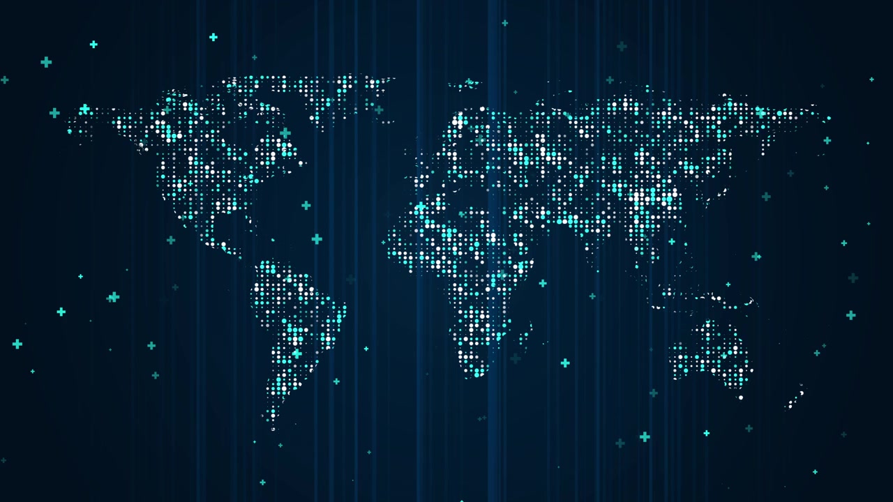 Digital World Map with Glowing Data Points and Vertical Light Lines