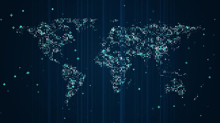 Digital World Map with Glowing Data Points and Vertical Light Lines