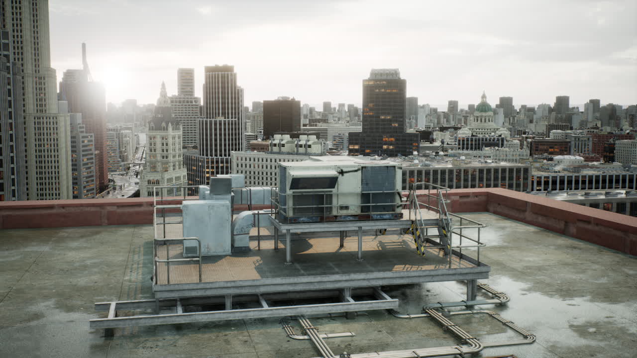 City Rooftop with HVAC Unit at Sunrise