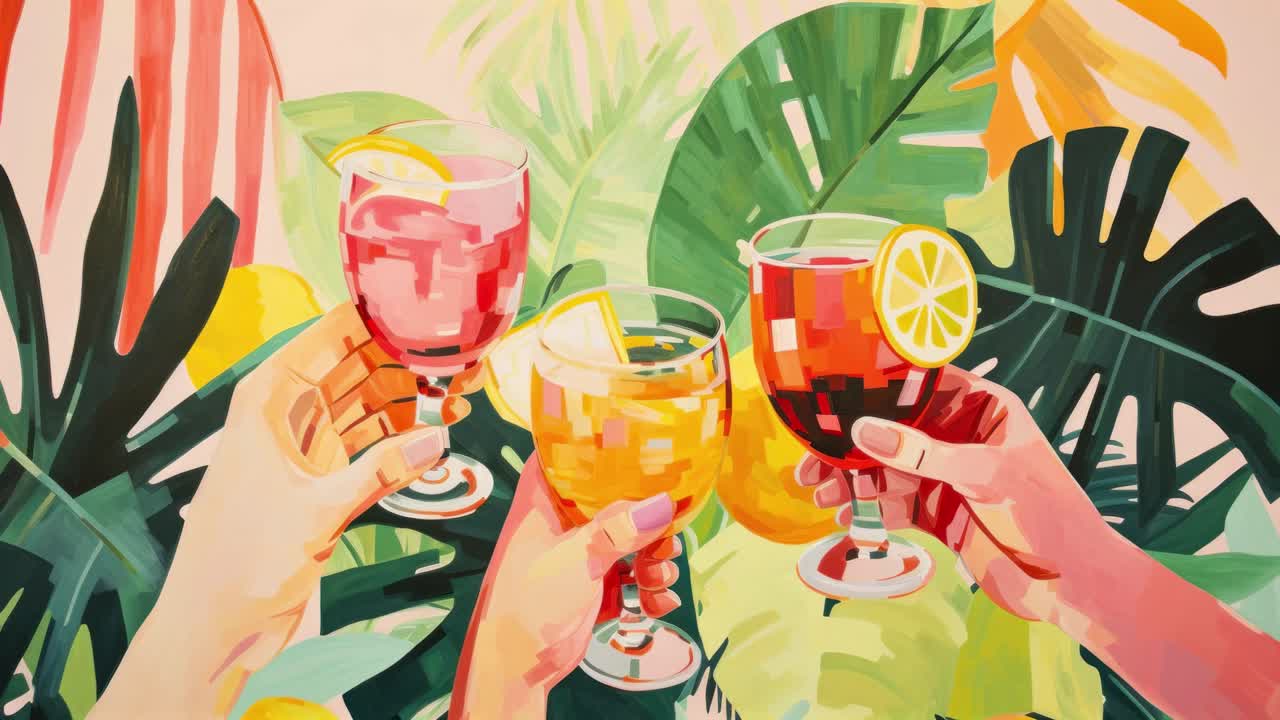 Vibrant video concept of hands toasting with drinks, set against lush tropical leaves