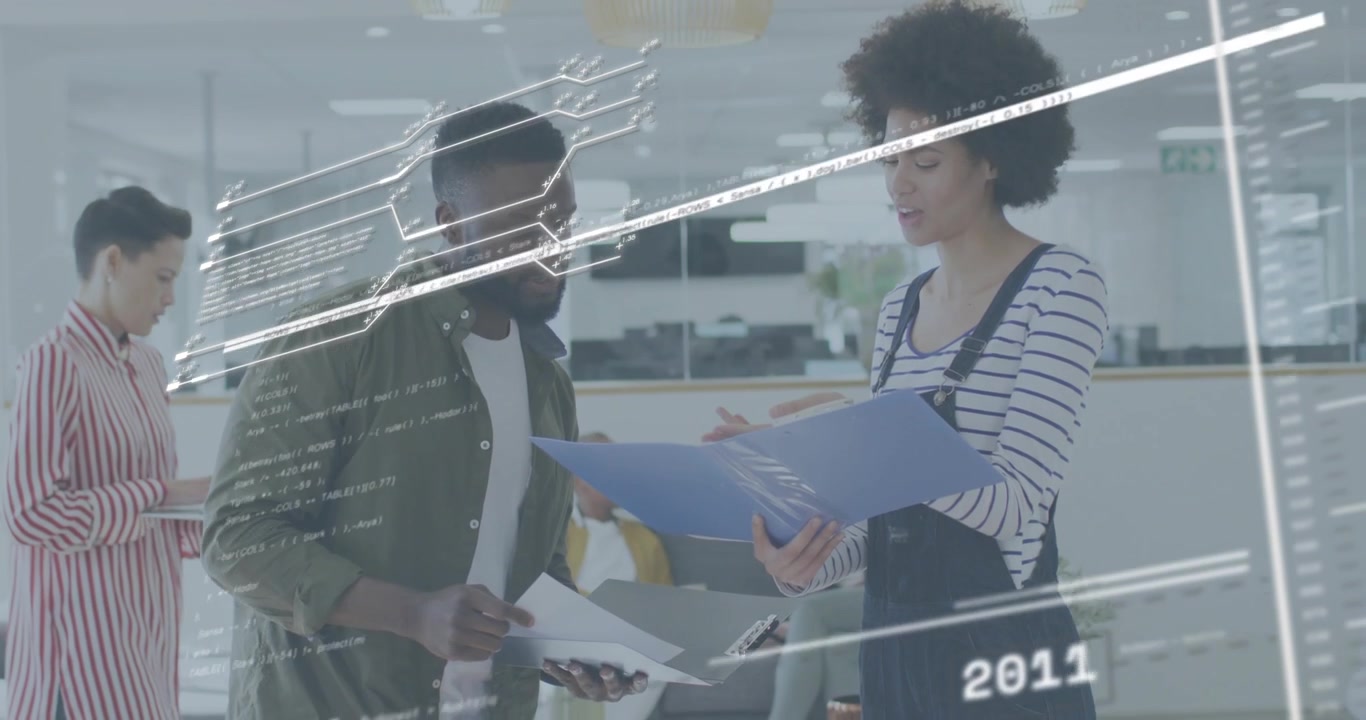 Business colleagues reviewing blue folder sparking animated graph progression showing rising trend