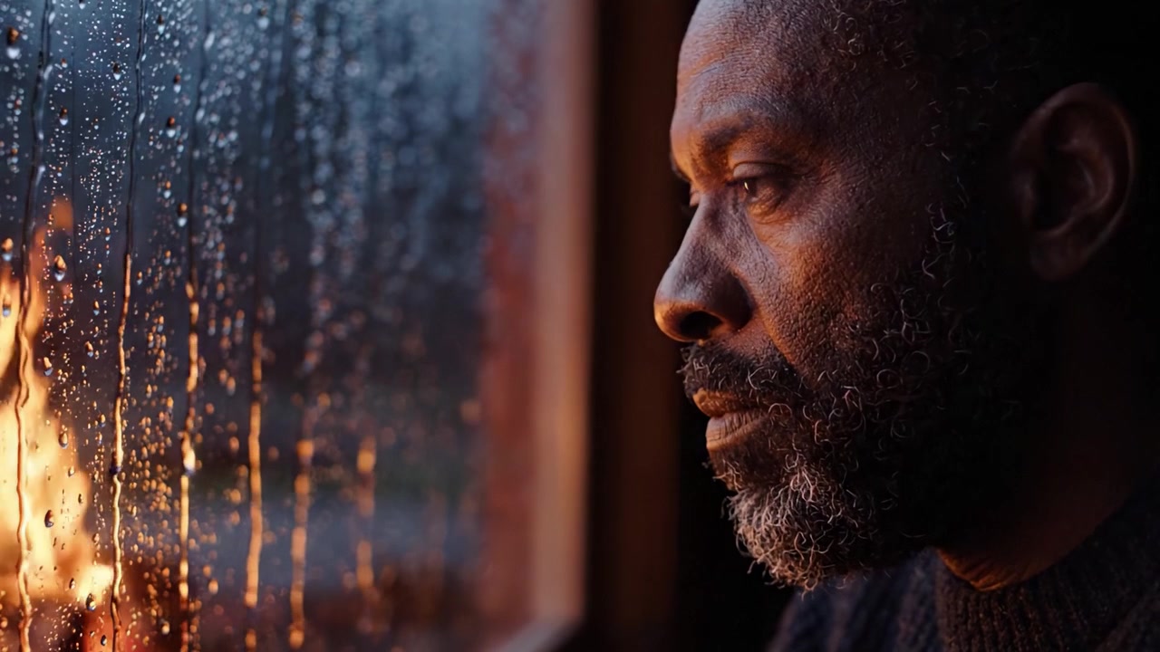 Un homme contemplatif regarde à travers une fenêtre éclaboussée de pluie, perdu dans ses pensées tandis que la douce lueur du soir filtre à travers les gouttes d'eau.