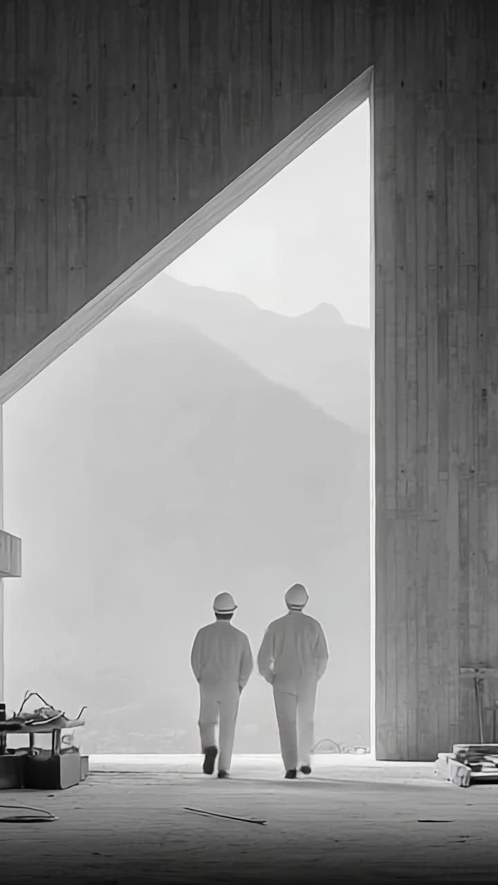 Dos Trabajadores de la Construcción con Atuendo Blanco Caminando Hacia una Moderna Estructura Arquitectónica Enmarcada por una Ventana Geométrica con Vistas a un Paisaje Escénico