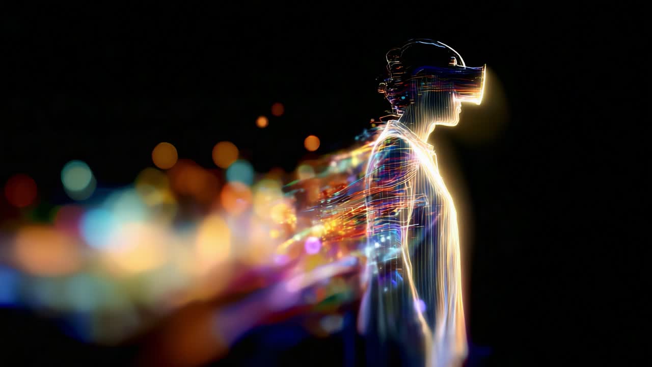 A mesmerizing silhouette of a person wearing a virtual reality headset, surrounded by a cascade of vibrant colorful lights, illustrating the immersive experience of digital environments