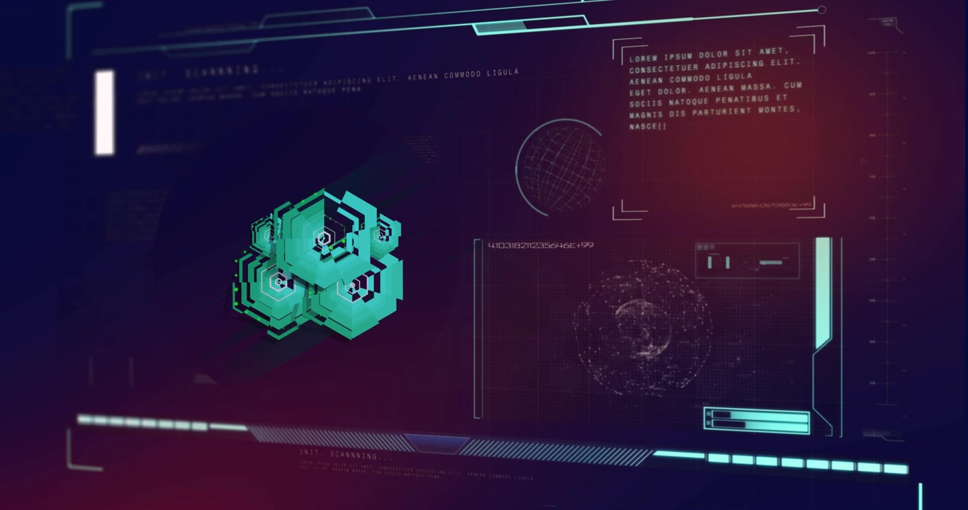 On data pulse teal 3D hex cluster forming, assembling and splitting to show system status HUD