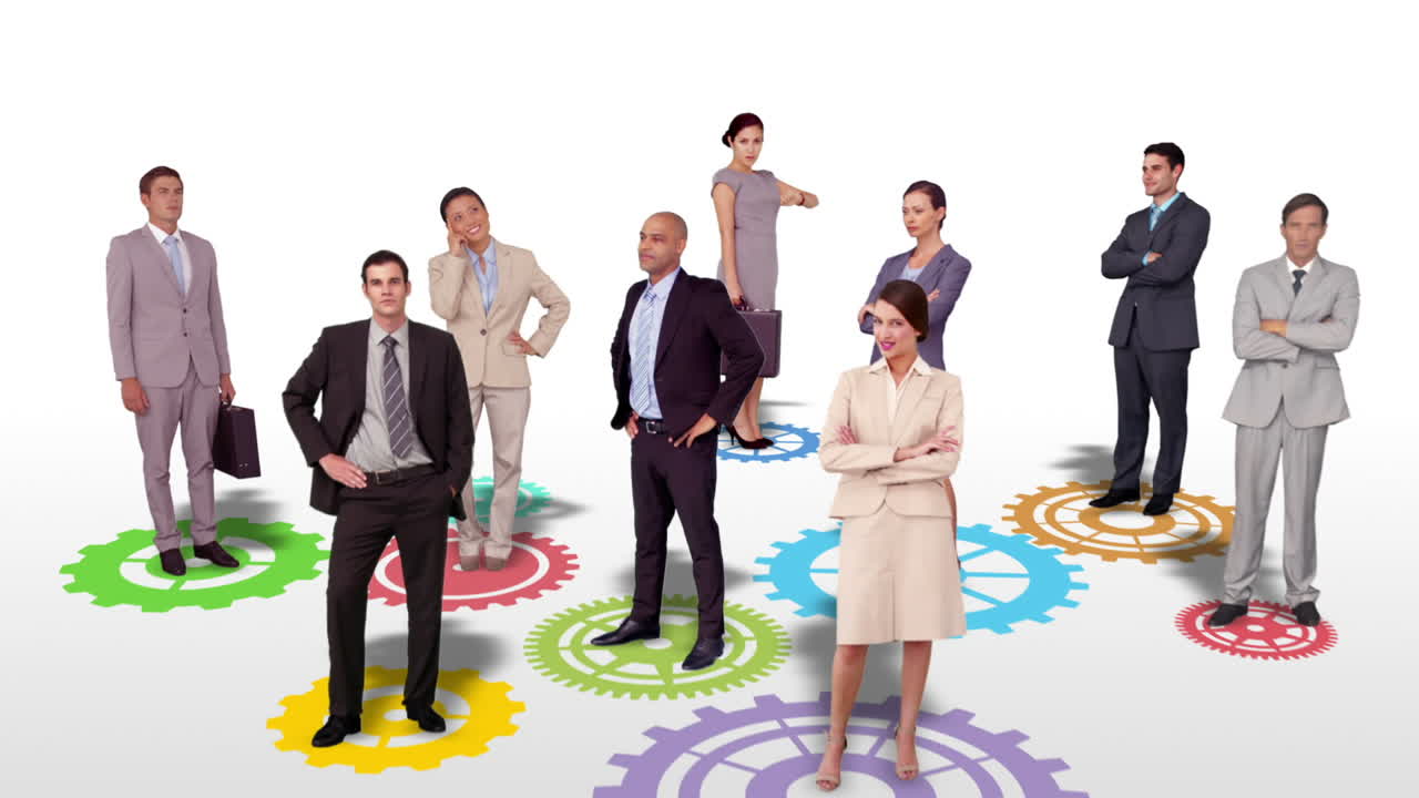equipo de negocios de pie en engranajes y ruedas